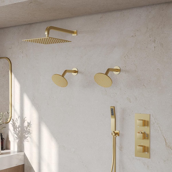 GRANDJOY ZenithRain Shower System 8-Spray 12&6 in. Dual Wall Mount Fixed and Handheld Shower Head 2.5 GPM in Brushed Gold