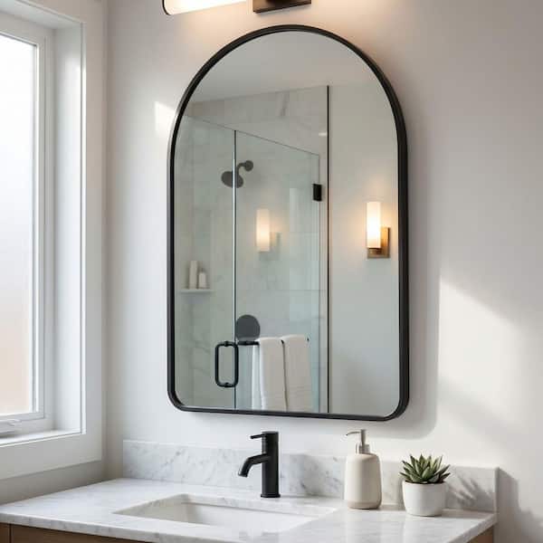 Black 24 in. W x 36 in. H Arched Round Edges Aluminum Alloy Framed Decorative Vanity Wall Mirror