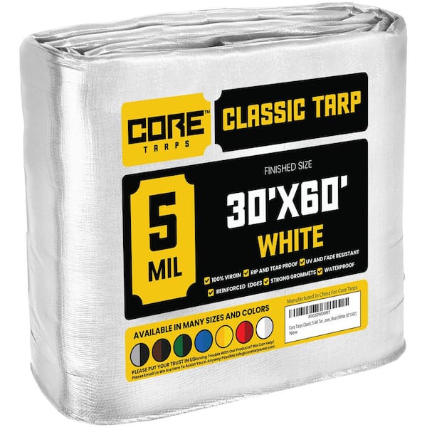 CORE TARPS 30 ft. x 60 ft. White 5 Mil Heavy Duty Polyethylene Tarp, Waterproof, UV Resistant, Rip and Tear Proof