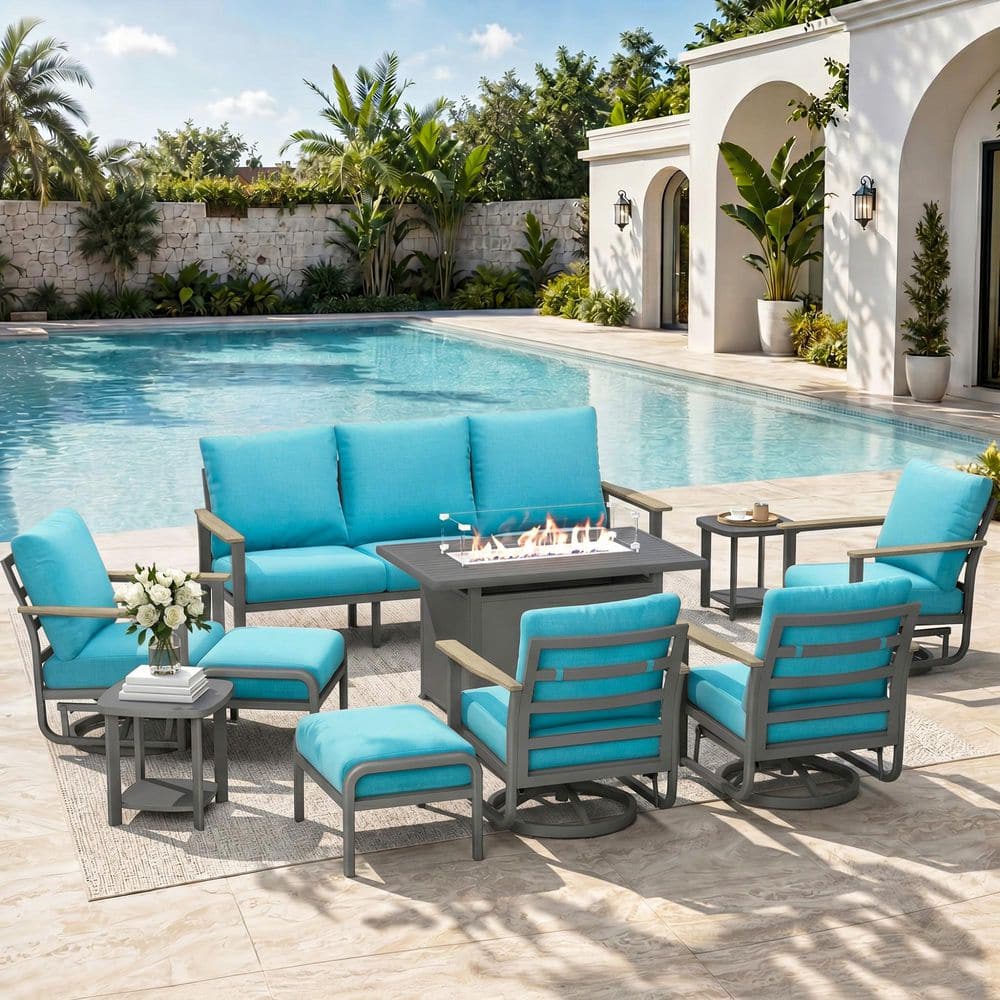 10-Piece Aluminum Patio Conversation Set with 55000 BTU Propane Fire Pit Table, Seats up to 7, Turquoise Cushions price history on PriceWatchPro