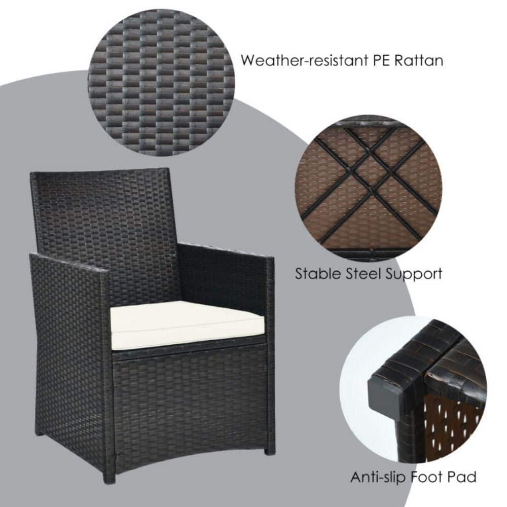 3-Piece Black Steel and Glass Patio Bistro Set with White Cushions
