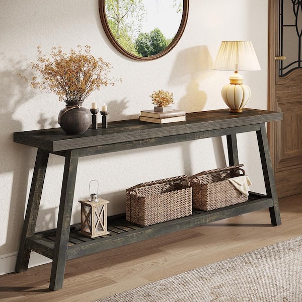 BYBLIGHT Turrella 70.86 in. Dark Brown Rectangle Wood Console Table with 2-Tier Storage for Living Room