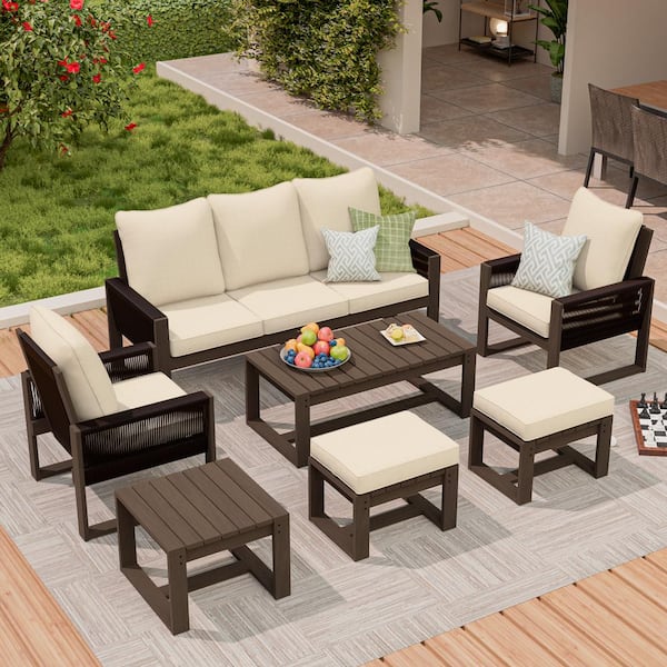 MeetLeisure 7-Piece Wood Outdoor Patio Conversation Set with Beige Cushion