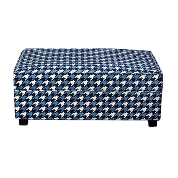 Colin Ottoman, Gray Blue White Houndstooth Polyester, 40in Rectangular Blue and White Polyester Rectangle Accent Ottoman
