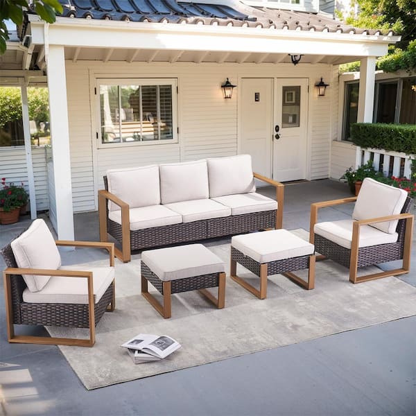 Allcot Brown 5-Piece Wicker Patio Conversation Set with Beige Cushions