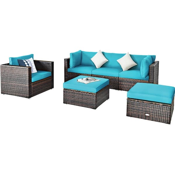 Costway 6-Piece Wicker Patio Conversation Set Cushion Sofa Coffee Table Ottoman with Turquoise Cushion