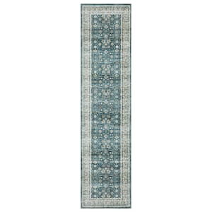 Summit Teal/Ivory 2 ft. x 8 ft. Traditional Oriental Border Polyester Machine Washable Indoor Runner Area Rug