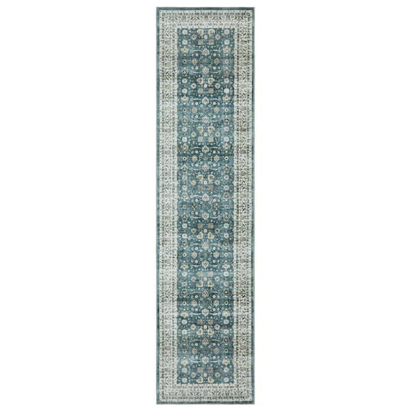 AVERLEY HOME Summit Teal/Ivory 2 ft. x 8 ft. Traditional Oriental Border Polyester Machine Washable Indoor Runner Area Rug