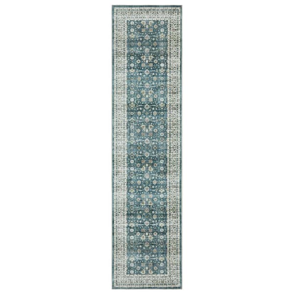 Summit Teal/Ivory 2 ft. x 8 ft. Traditional Oriental Border Polyester Machine Washable Indoor Runner Area Rug