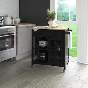Black Rolling Kitchen Cart with Wood Top