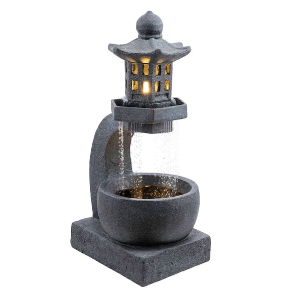 Alpine Corporation 31 in. Tall Outdoor Tranquil Zen Pagoda Waterfall Fountain with LED Lights, Gray