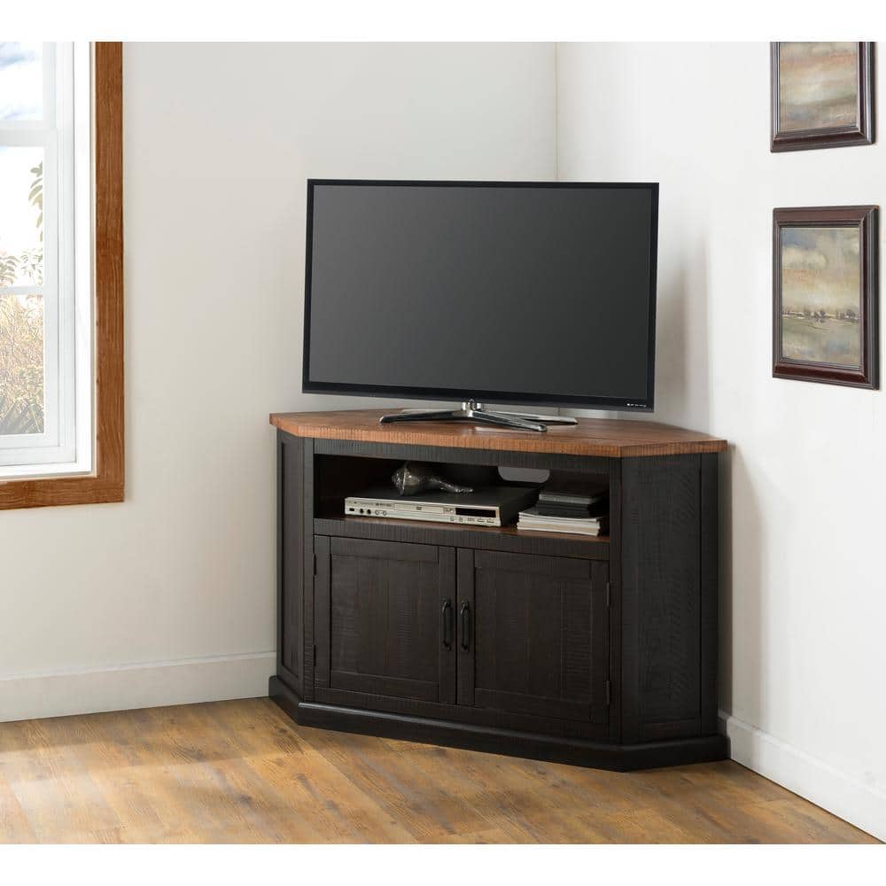 Antique Black and Honey Rustic Corner TV Stand with Cabinet