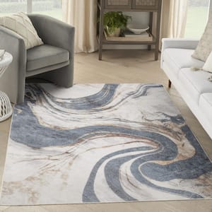 Astra Machine Washable Ivory Blue 4 ft. x 6 ft. Abstract Contemporary Area Rug