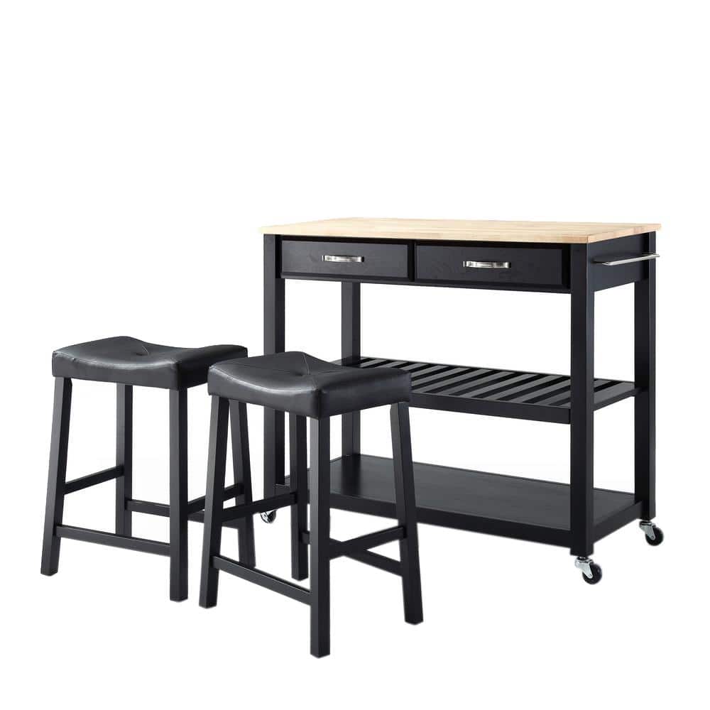 Natural Wood Top Black Kitchen Cart with Wine Rack and Stools