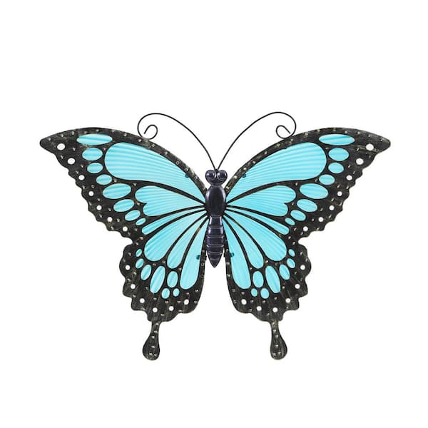 LuxenHome Blue Butterfly Glass and Metal Outdoor Wall Decor