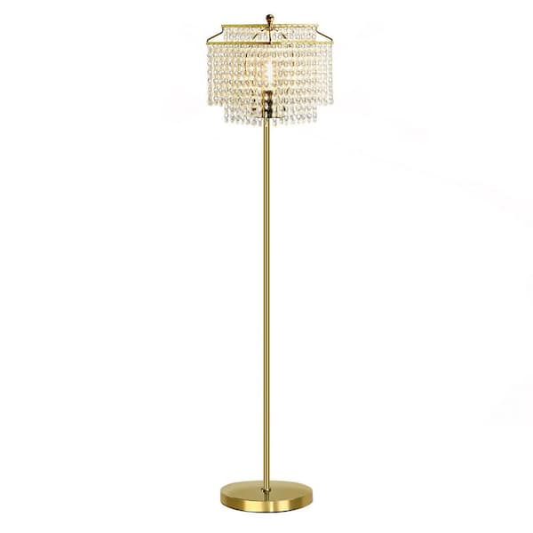 64" Gold Modern 1-Light Crystal Standard Standing Floor Lamp for Living Room, Girl Bedroom, with Double-Layer Lampshade.