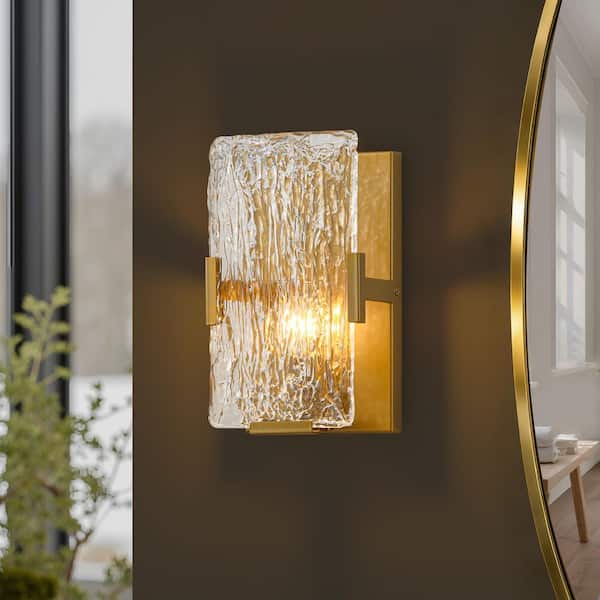 1-Light Gold Wall Sconces with Clear Textured Glass Shade