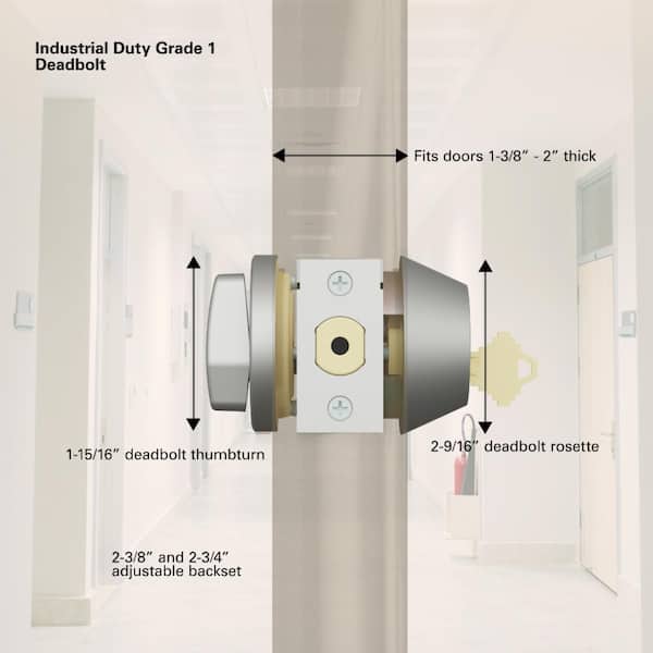 Commercial 2-3/4 in. Single Cylinder Satin Chrome Heavy-Duty Industrial Deadbolt Commercial 2-3/4 in. Single Cylinder Satin Chrome Heavy-Duty Industrial Deadbolt