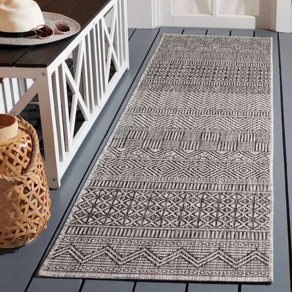 Courtyard Black/Gray 2 ft. x 18 ft. Striped Tribal Chevron Indoor/Outdoor Runner Rug