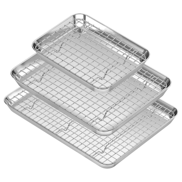 Stainless Steel Silver Baking Sheet Pan Set of 3 with Wire Cooling Rack, Non Stick, Heavy Duty, Easy Clean, 9/12/16 Inch