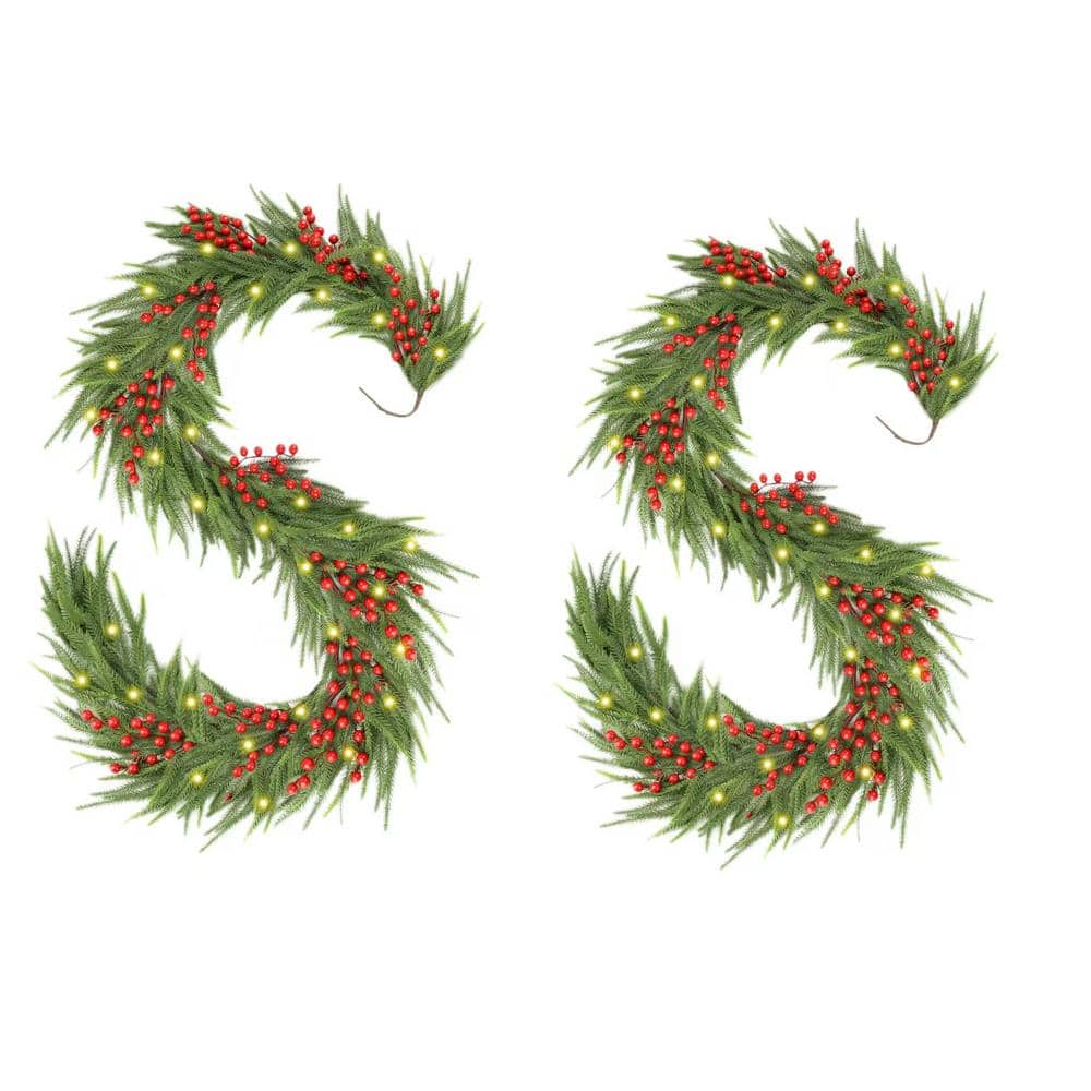 9 ft. Frosty Green Artificial Christmas Faux Pine Garland 2-Pieces with LED