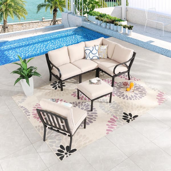 Patio Festival 6-Piece Metal Outdoor Sectional Set with Beige Cushions