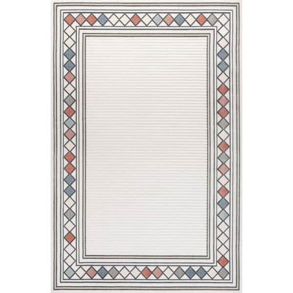 Sebastian Ivory/Beige Approximate Rug Size 3 ft. x 5 ft. High-Low Modern Diamond Border Indoor/Outdoor Area Rug