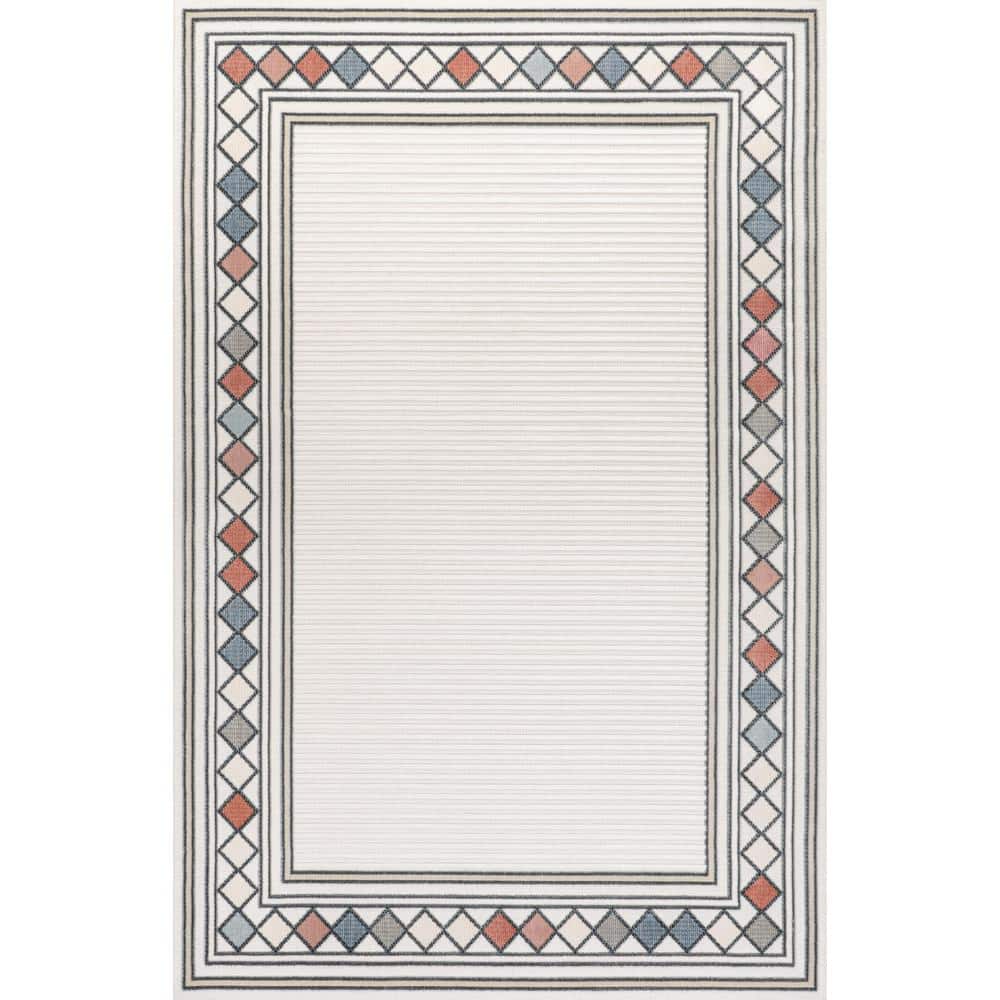 Ivory Beige Geometric Synthetic 5'x8' Reversible Indoor/Outdoor Rug