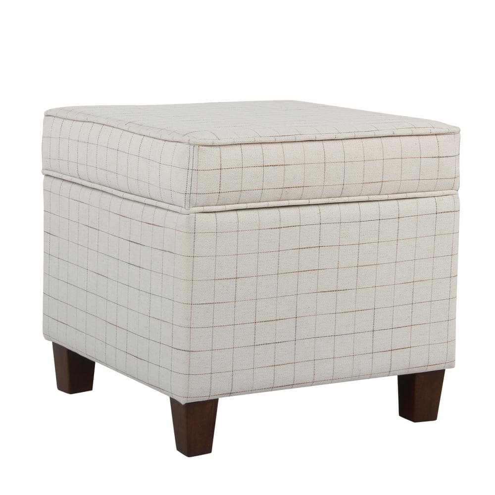 Grid-Patterned Beige and Brown Wooden Square Ottoman with Hidden Storage