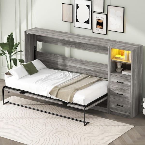 Gray Metal Frame Twin Size Murphy Bed with Drawers and LED Light, Folded into Cabinet