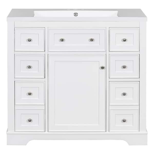 Virubi 36 in. W x 18 in. D x 34.5 in. H Bath Vanity in White with White Ceramic Top, 6-Drawers and Adjustable Shelf