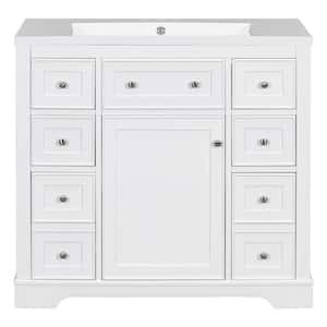 36 in. W x 18 in. D x 34.5 in. H Bath Vanity in White with White Ceramic Top, 6 Drawers and Adjustable Shelf