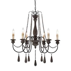 6-Light Slate Wood and Black Chandelier with Wooden Beads Hanging