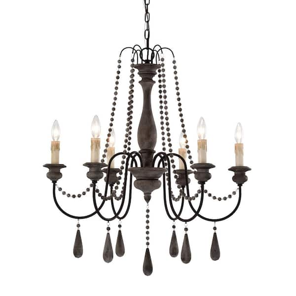 Edvivi 6-Light Slate Wood and Black Chandelier with Wooden Beads ...