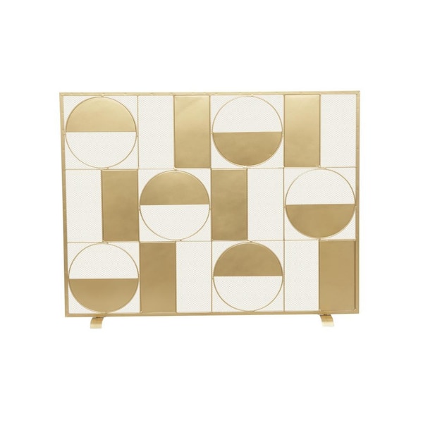 Gold Metal Geometric Cut-Out Single Panel Fireplace Screen with Mesh Netting