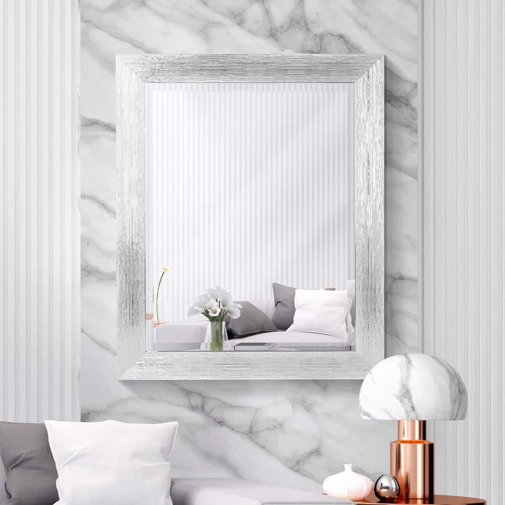 Elegant Chrome and White Textured Rectangular Beveled Wall Mirror - 27.5" x 33.5"
