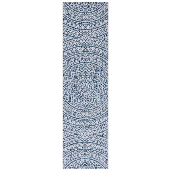 Courtyard Ivory/Navy 2 ft. x 10 ft. Medallion Indoor/Outdoor Runner Rug