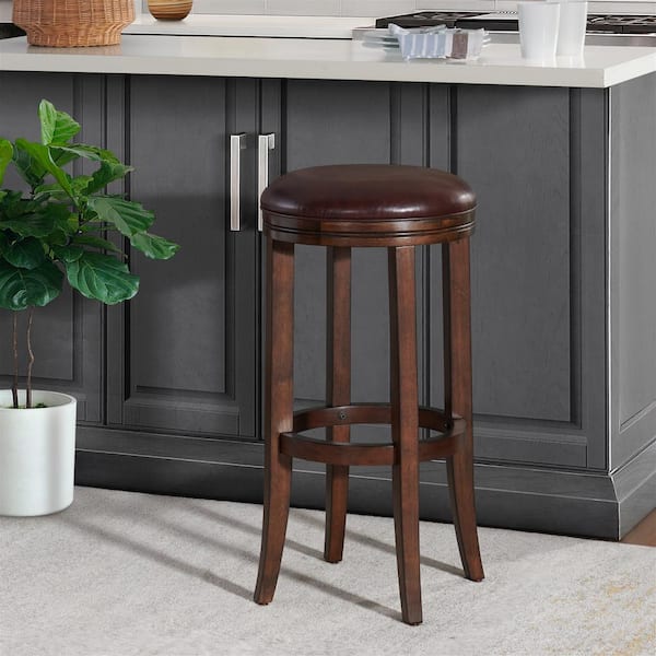 Alaterre Furniture Natick 30 in. Round Distressed Walnut Bar Height Backless Wood Stool with Cushioned Seat