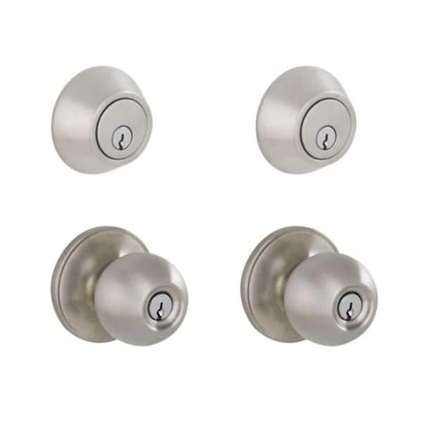Morrow Satin Stainless Steel Single Cylinder Deadbolt and Keyed Entry Door Knob Project Pack