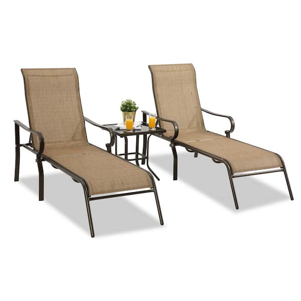 Afoxsos Brown 3-Pieces Patio Outdoor Chaise Lounge Sets, Poolside Chairs with Coffee Table
