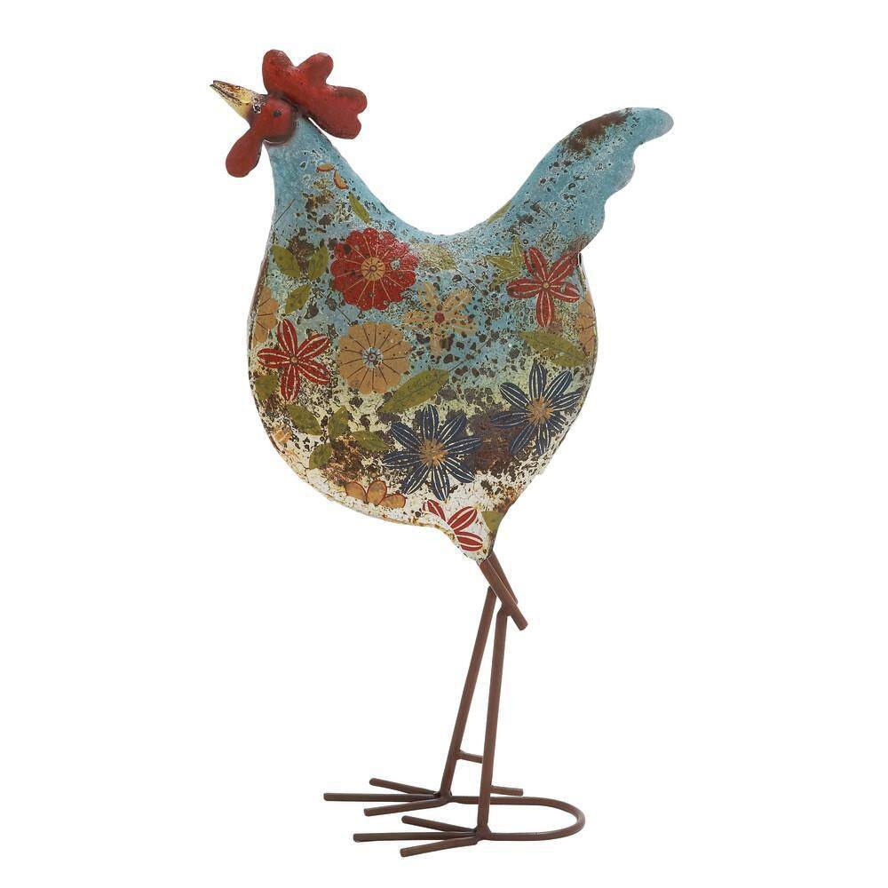 17" Green Floral Metal Rooster Garden Sculpture