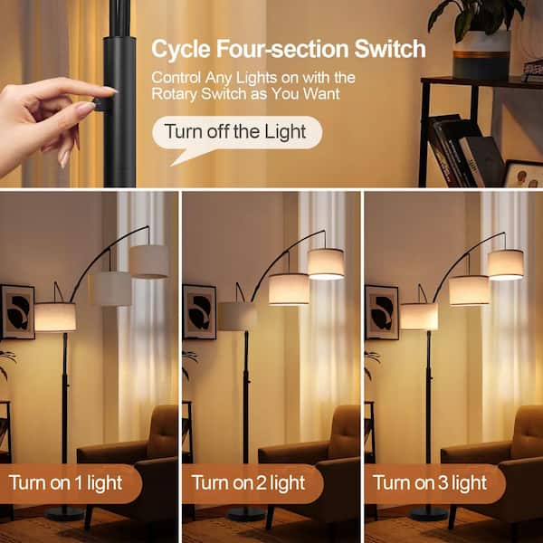 80 in. Mid-Century Modern 3-Light Adjustable LED Black Arc Floor Lamp with 3 Beige LinenDrum Shades