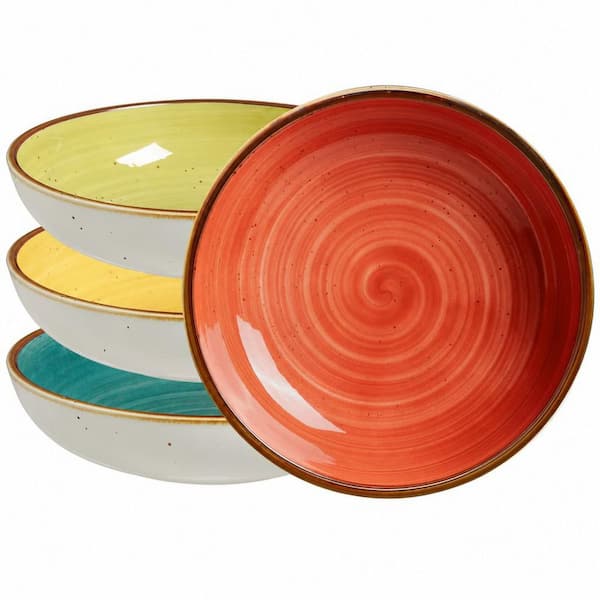 30 fl. oz. Muti-Colored Ceramic Pasta Bowls (Set of 4), All-Natural Glaze Free of Lead and Cadmium, Microwave Oven Safe