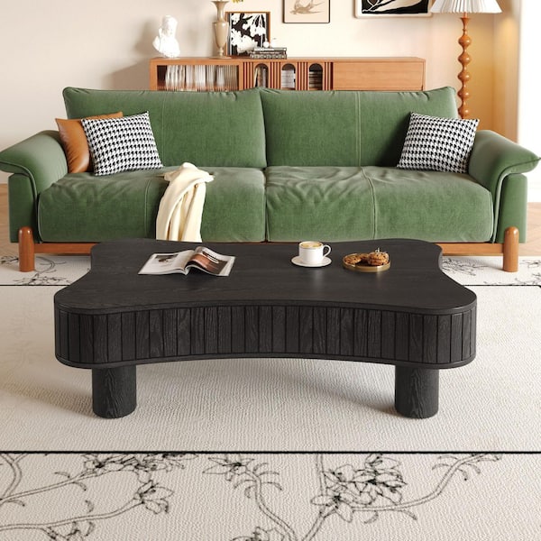 Trixie 42.52 in. Black Kidney-Shaped MDF Wood Lift Top Coffee Table with Curved Corners, Fluted Panel Hidden Storage
