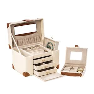 Ivory Leather 4-Level Multi Compartment Jewelry Box with 3-Drawers Removable Travel Case Mirror and Snap Closure