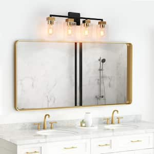 25 in. 4-Light Brass Modern Bathroom Vanity Light, Clear Glass Black Bath Lighting, Farmhouse Indoor Wall Sconce