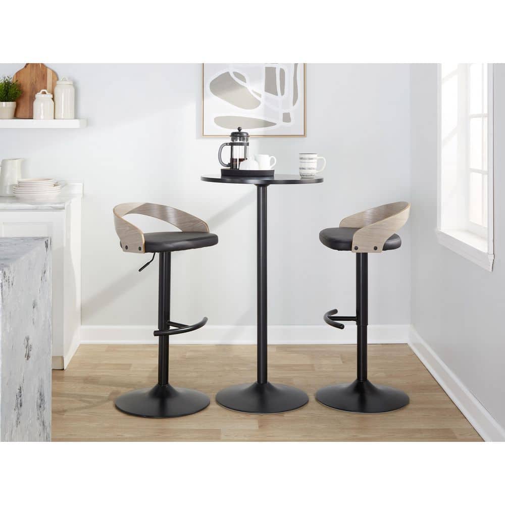 Grotto 39 in. Black Faux Leather, Light Grey Wood and Black Metal Adjustable Bar Stool Rounded T Footrest (Set of 3) price history on PriceWatchPro