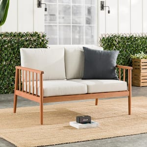 Brown Eucalyptus Wood Modern Outdoor Spindle Loveseat with Light Pewter Cushions