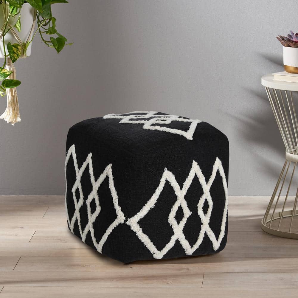 Black and White Tufted Diamond Square Pouf