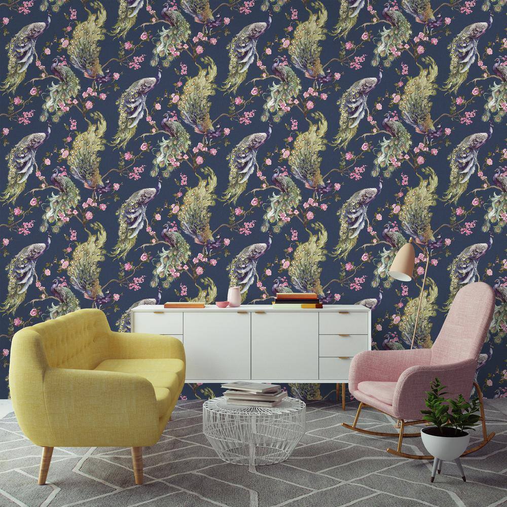 Navy Peacock and Floral Embossed Vinyl Wallpaper 396in x 20.8in
